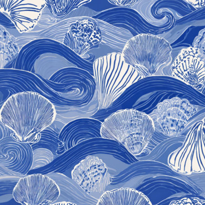 Peel and Stick Wallpaper Seashell Ocean Waves Nautical Blue White Tones Contact Paper Removable Self Adhesive Wall Mural Wall Decor for Bedroom Kitchen Cabinets 24in x 118in