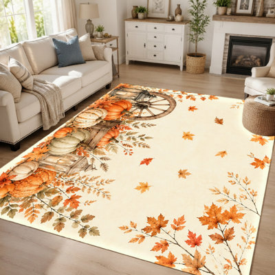 Tapis d'automne à motif de chariot de récolte (1 pièce) - Tapis en tissu doux imprimé, à poils courts, lavable et facile à nettoyer, grand tapis fin, envers antidérapant, idéal pour le salon, la chambre, la cuisine, le bureau et la décoration intérieure.