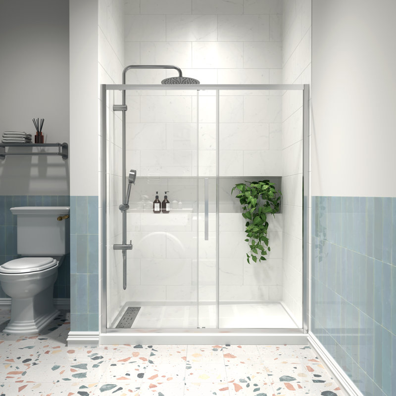 56 - 60" W x 72" H Single Sliding Semi-Frameless Shower Door with 1/4" (6mm) Clear Tempered Glass, Chrome