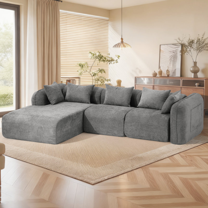 Boneless Cloud Sectional Couch In Two Boxes, Compressed Modular Sectional Sofa With Deep Seat, Gray Chenille