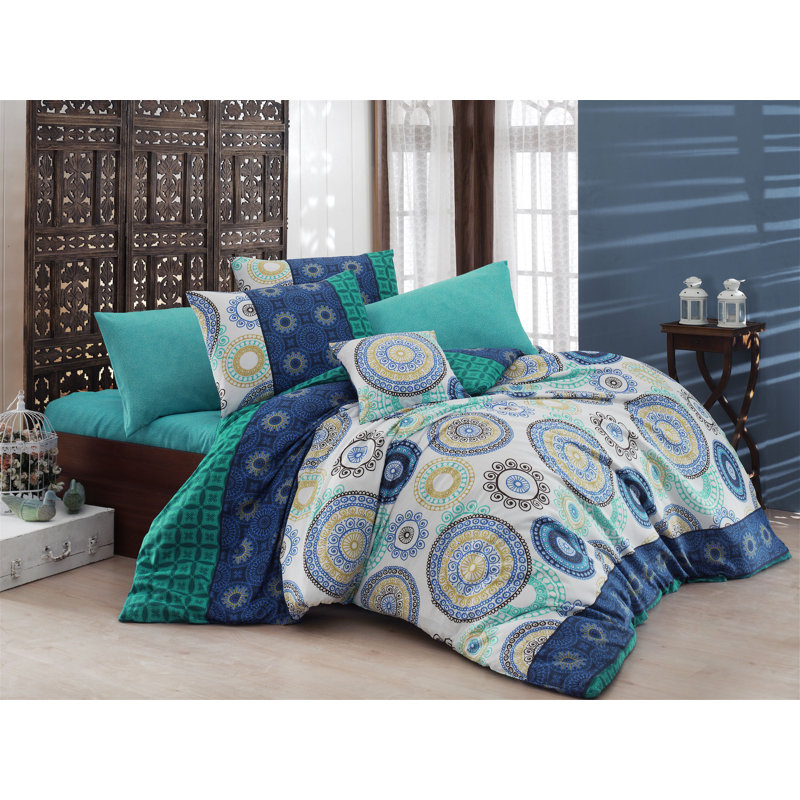 Ensemble de housse de couette 3 pièces en mélange de coton blanc / turquoise / moutarde Hilda