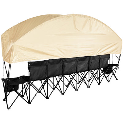 Banc pliant à six places avec parasol, poches de rangement, porte-gobelets et protection solaire complète, sièges confortables pour les activités de plein air, 6 sièges portatifs, pochettes, conception unique, aucun assemblage requis