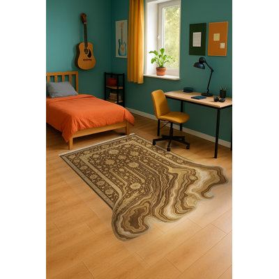 Tapis jaune tissé à motif ondulé lavable Mosso