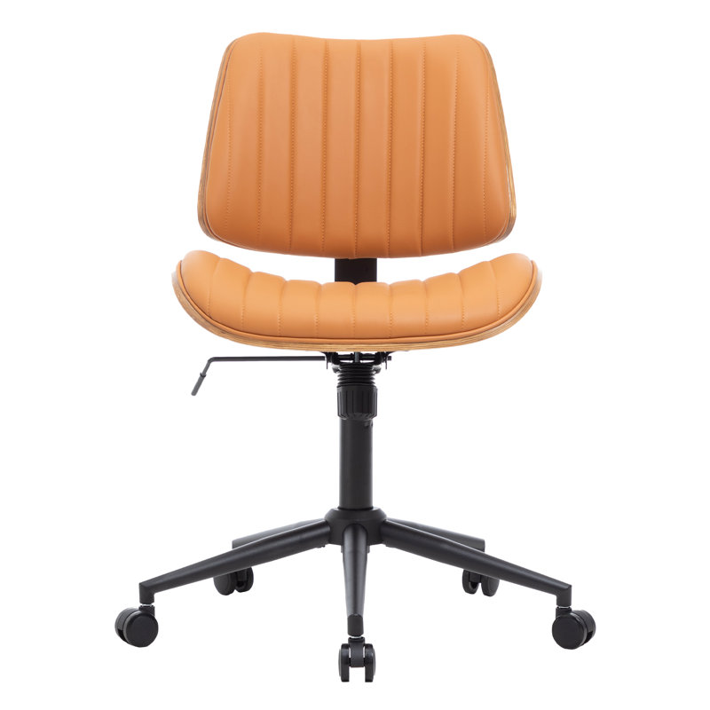 Mid-Century Modern Swivel Office Chair – Faux Leather Seat with Bentwood Back & Base, Brown
