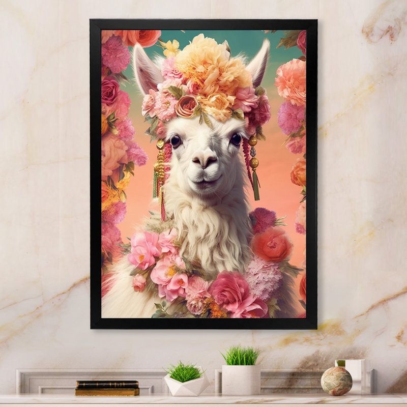 Lama harmonie II sur toile, Cadre simple noir, H 32 po x l 16 po x P 1 po