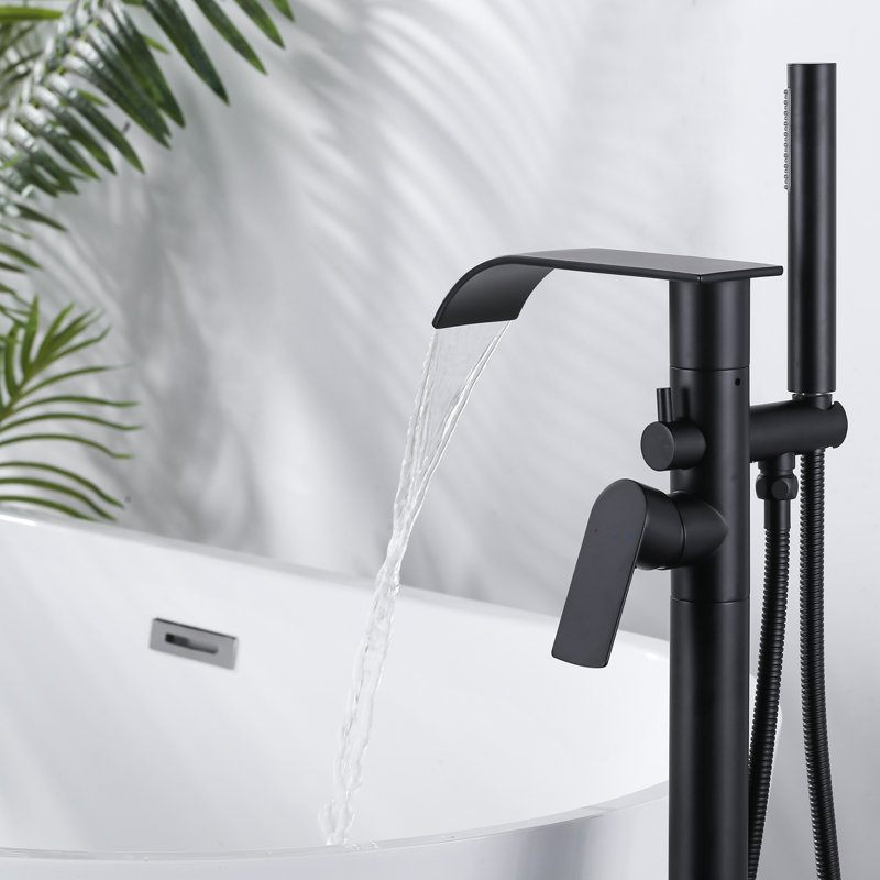 Robinet de baignoire autoportant à 2 poignées noir mat avec douchette et bec cascade, Noir mat