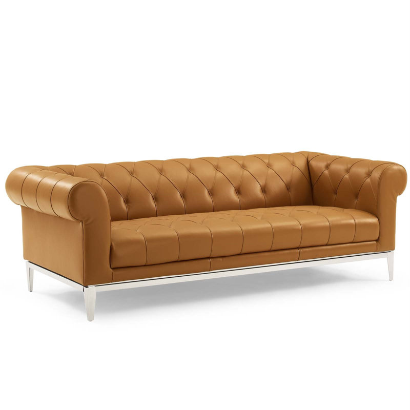 Idyll Tufted Button Upholstered Leather Chesterfield Sofa, Tan Genuine Leather