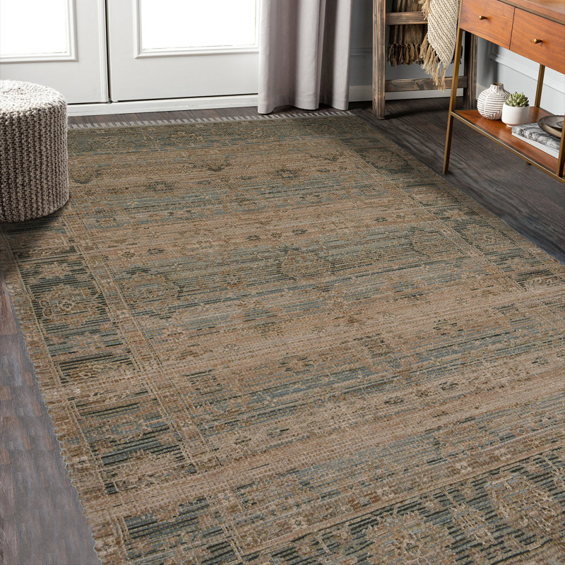 Tapis oriental tissé à plat à la main bleu / vert Botoul, Rectangle 3 pi 6 po x 5 pi 6 po