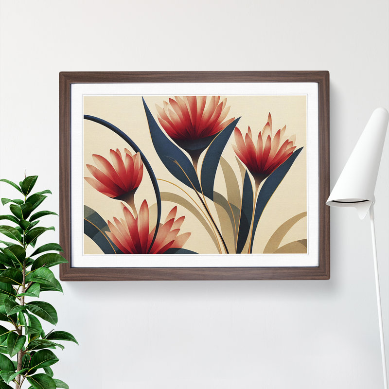 Serene Flowers Deco - Framed Print, 34cm H x 46cm W x 2cm D, Walnut