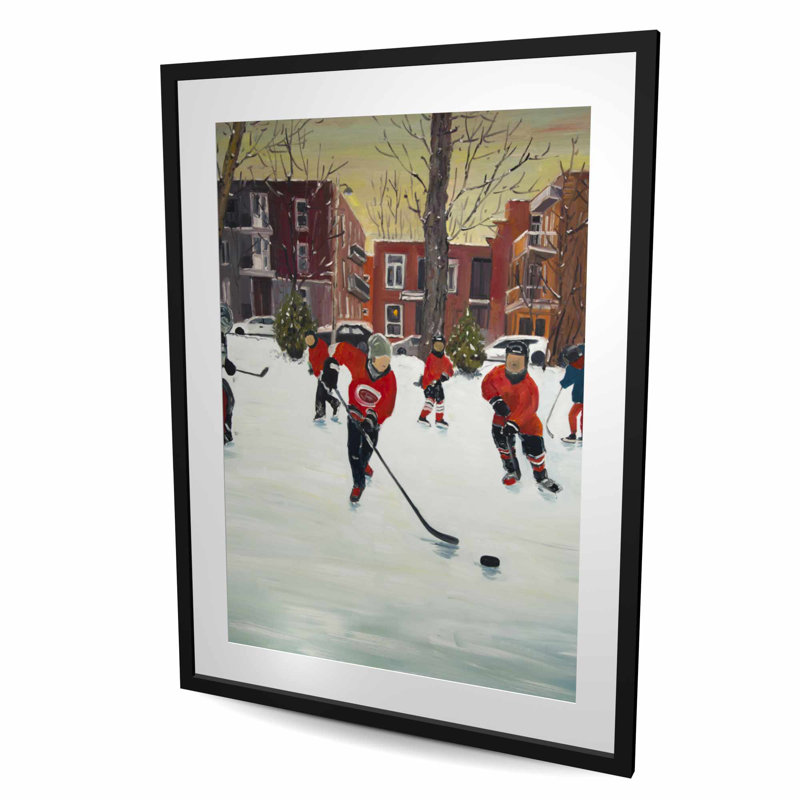 Jeunes joueurs de hockey - décor imprimé mat brun encadré neige
