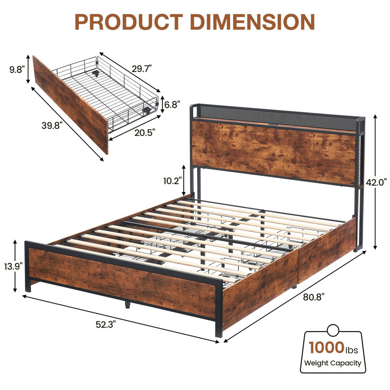 Queen Size Rustic Brown Metal Frame Bed with Storage Drawers and LED Headboard
