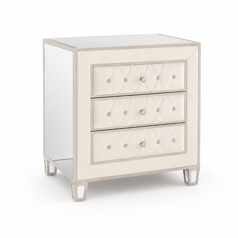Mitra - Mirrored & Velvet Nightstand with Diamond Crystal Knobs, Fully Assembled., Cream