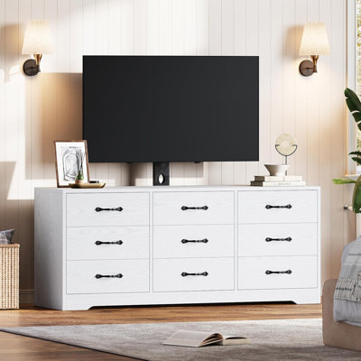 Meuble télé moderne avec support, meuble télé 55 po avec 9 tiroirs, console multimédia à hauteur réglable pour téléviseur de 85 po ou moins, console de rangement en bois pour le salon