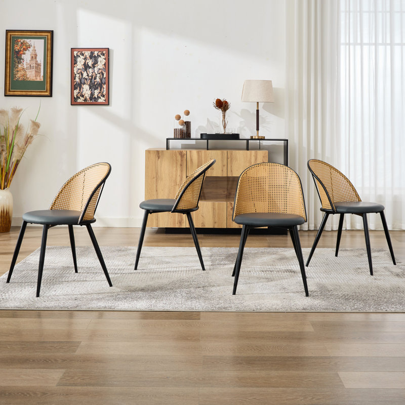 Upholstered Seat Dining Chair With Rattan Back(Set Of 4), Black