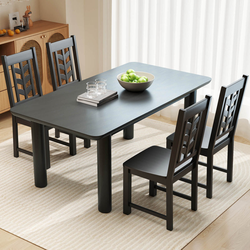 Dining Chair Set Of 4 With Rubber Wood Frame & Leaf-shape High Back For Kitchen, 2, Black