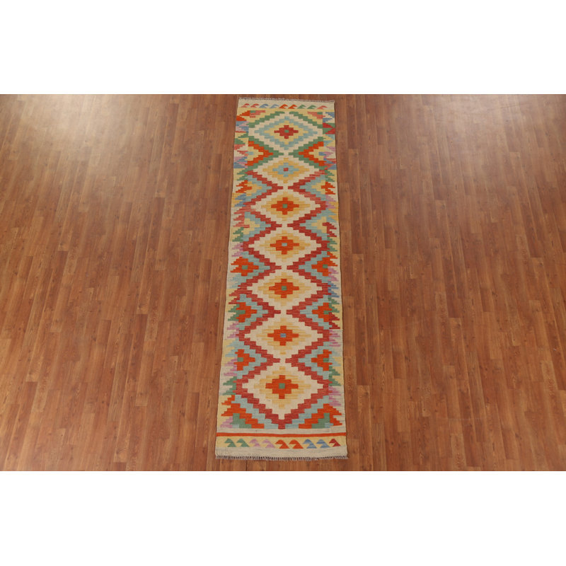 Geometric Kilim Wool Runner Rug 3x10