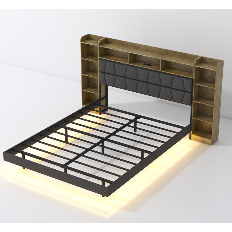 Floating Queen Bed Frame with LED Light and Bookcase Storage Headboard Queen Size Upholstered