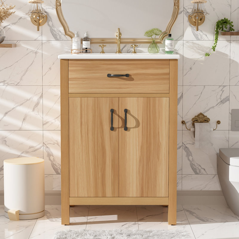 Meuble-lavabo de 24 po avec cadre en bois massif, tiroir rabattable, portes à fermeture en douceur, tablette réglable et meuble-lavabo moderne
