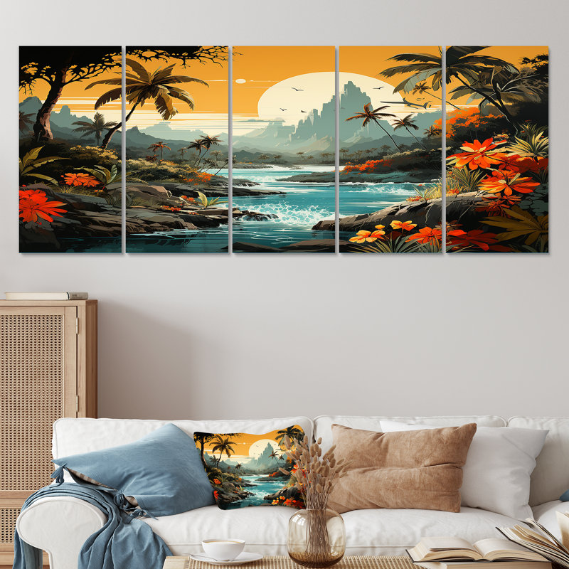 Vintage Tropical Coastline Paradise II - Coastal Tropical, art mural 5 pièces, H 32 po x l 80 po