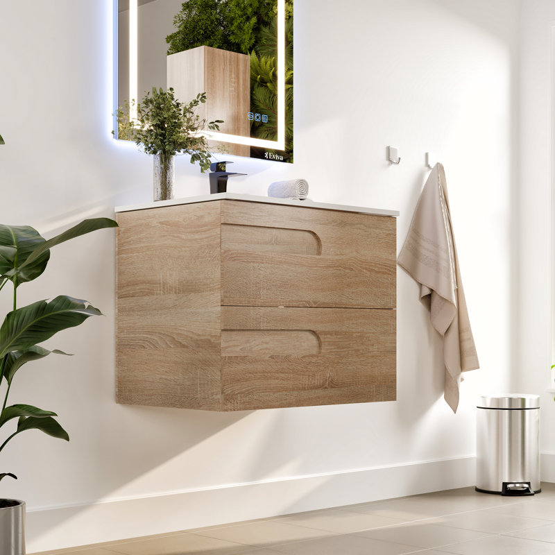Alberthe 32"W x 18"D Wall-Mount Vanity with Porcelain Vanity Top, Maple