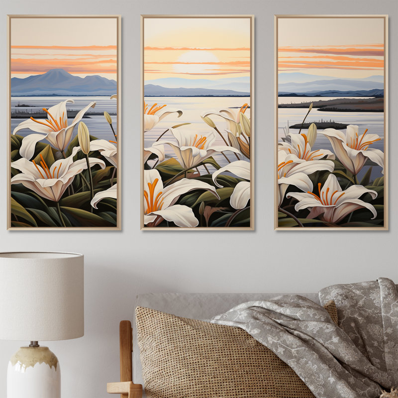 «Lilies Charm In Mountain Scenery» - ensemble d'art sur toile Lilies, Cadre naturel flottant, H 28 po x l 36 po x P 1 po