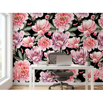 Papier peint foncé avec fleurs roses, l 125 po x H 125 po, papier pré-collé