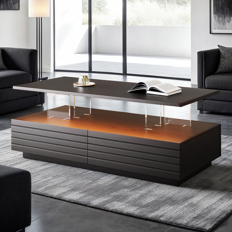 Table basse à DEL avec 2 tiroirs spacieux, éclairage multicolore, Noir, noir, noir, noir