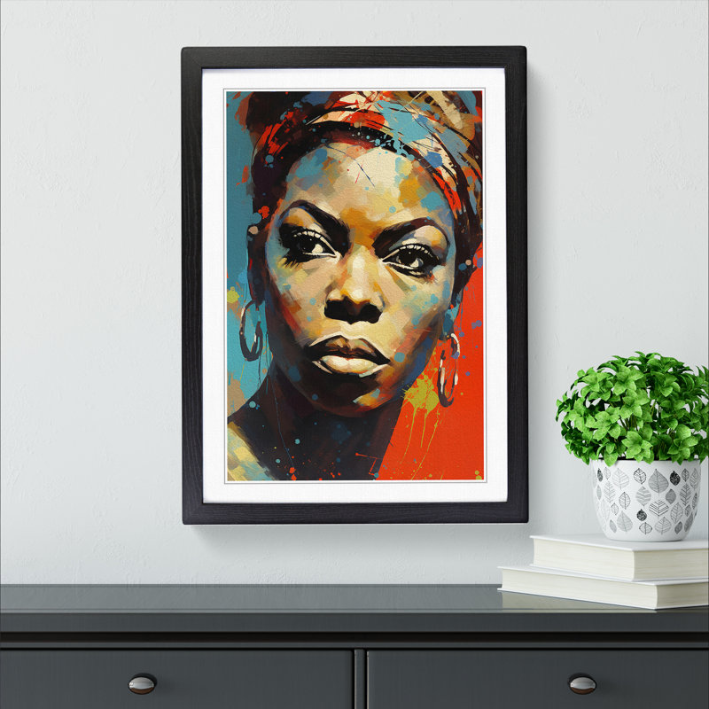 Nina Simone Expressionism - Single Picture Frame Print on Wood, 64cm H x 46cm W x 2cm D, Black Framed