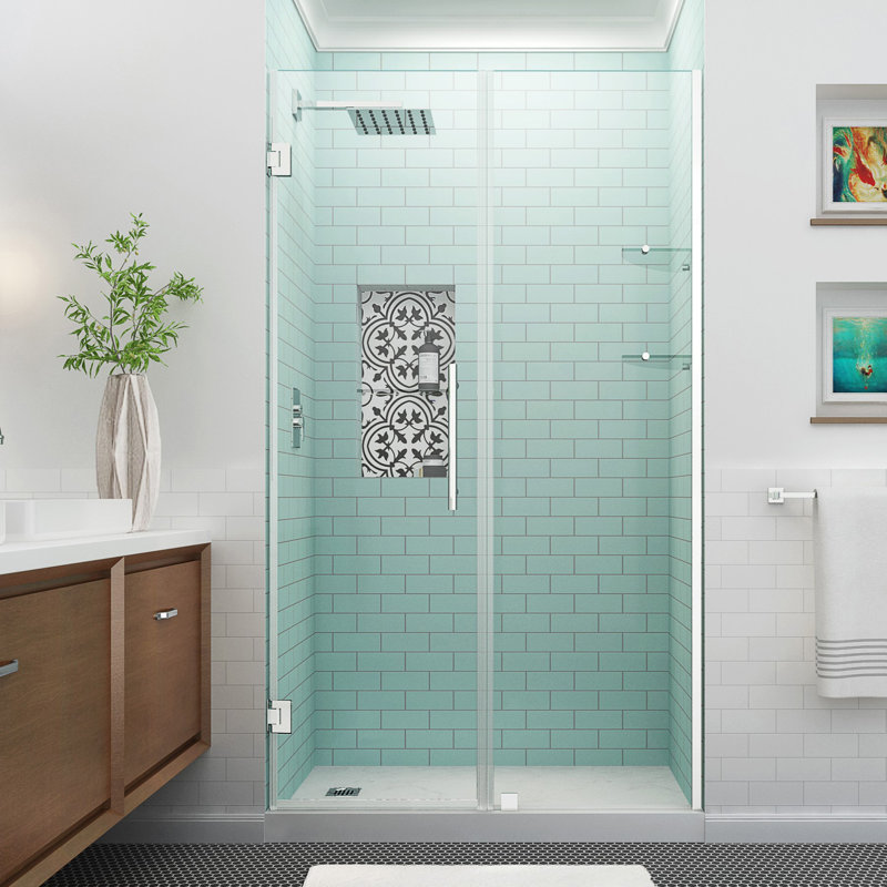 Belmore GS 43.25" - 44.25" W x 72" H Hinged Frameless Shower Door, Chrome, Clear
