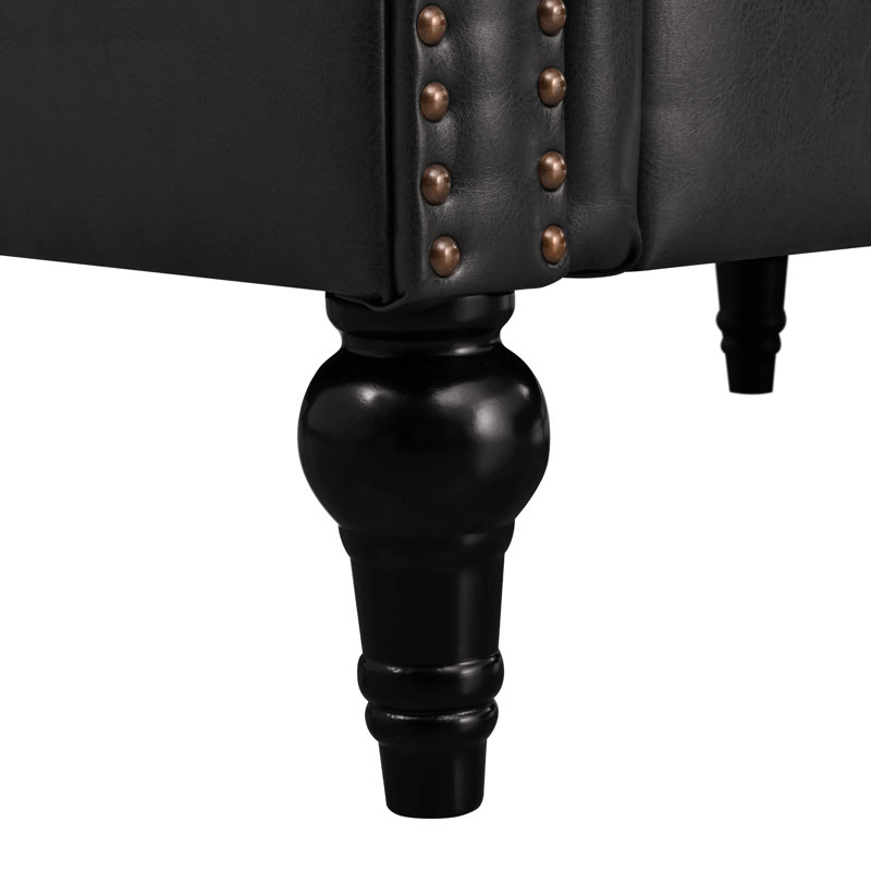 Luxury PU Leather Chesterfield L-Shaped Sectional Sofa with Nailhead Trim, Black Faux Leather