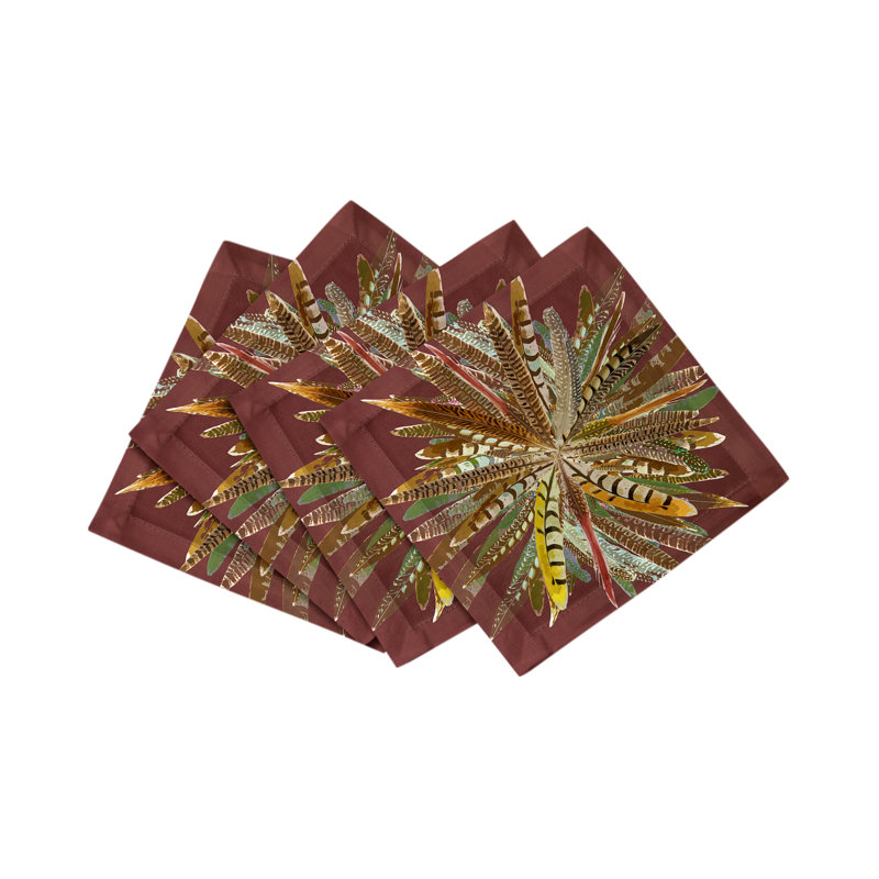 Pheasant Feathers Cotton Sateen Cocktail Napkins, Porto