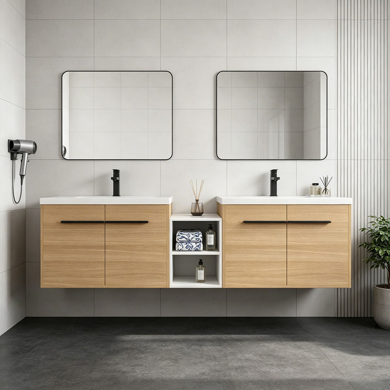 Meuble-lavabo mural 72 po avec lavabo de comptoir en résine et 1 tablette de rangement, 4 portes à fermeture douce (KD-Packing)