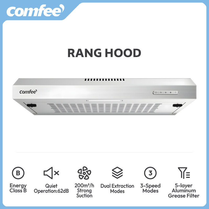 60cm Stainless Steel Under Cabinet Mount Range Hood with 3-Speed Modes