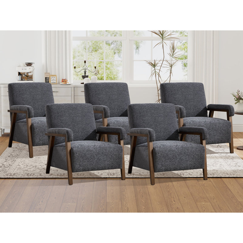 Fauteuil d'appoint rembourré en tissu de 28,35 po de largeur avec pieds en bois massif (ensemble de 5), Gris, 5