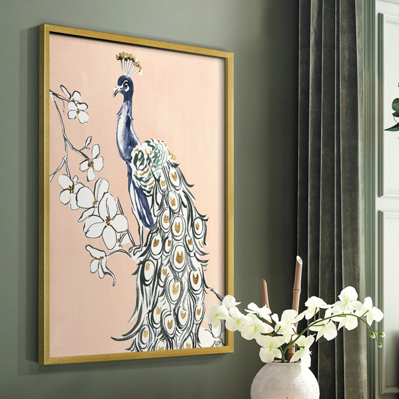 «Peacock in Gold IV», reproduction encadrée - bois massif, Cadre doré simple, H 10 po x l 8 po