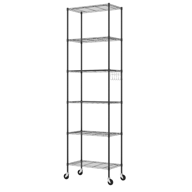 Hipson 6-Shelf Adjustable Storage Shelving Unit Steel Organizer Wire Rack with Lockable Wheel Casters, Hook, Black