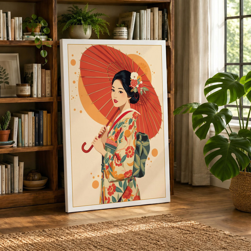 Woman with Red Parasol Art Deco - Wrapped Canvas, 36x24 - 91.4 x 61.0 cm, Taupe Border