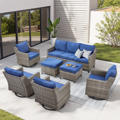 Ensemble de mobilier de patio, canapé d'extérieur en rotin d'osier 7 pièces avec chaise berçante pivotante, repose-pieds et coussins confortables, ensembles de conversation pour patio toutes saisons, combinaison pour porche