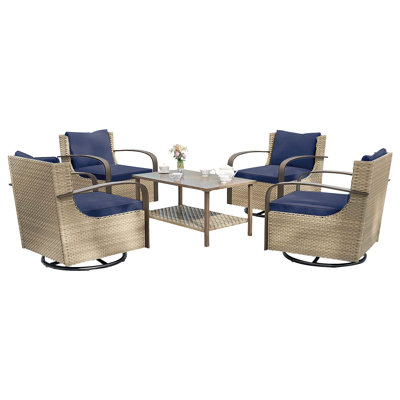 Ensemble de conversation 5 pièces avec chaises basses, ensemble de conversation avec patio et table basse, 4 chaises pivotantes en osier 
