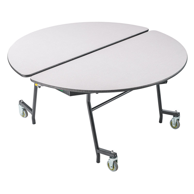 Table de cafétéria mobile NPS, ronde de 60 po, centre en panneau de fibres à densité moyenne, bordure protectrice noire, structure noire, nébuleuse grise