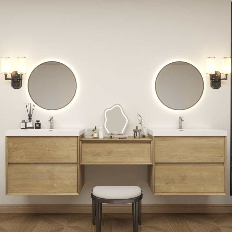 Meuble-lavabo mural Aliki avec évier en acrylique renforcé, Chêne