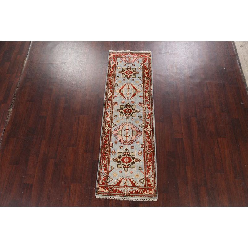 Tapis de couloir bleu en laine noué à la main de conception unique 2 pi 6 po x 8 pi New Age
