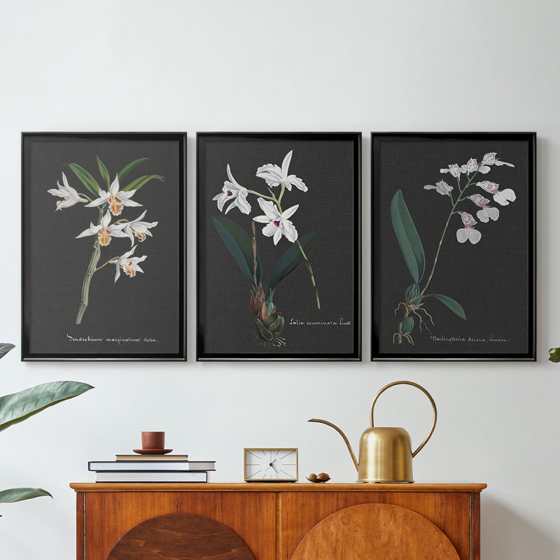 Orchid on Slate IV  -Custom Framed  Wrapped Gallery Canvas - 3 Pieces, Black, 21" H x 30" W