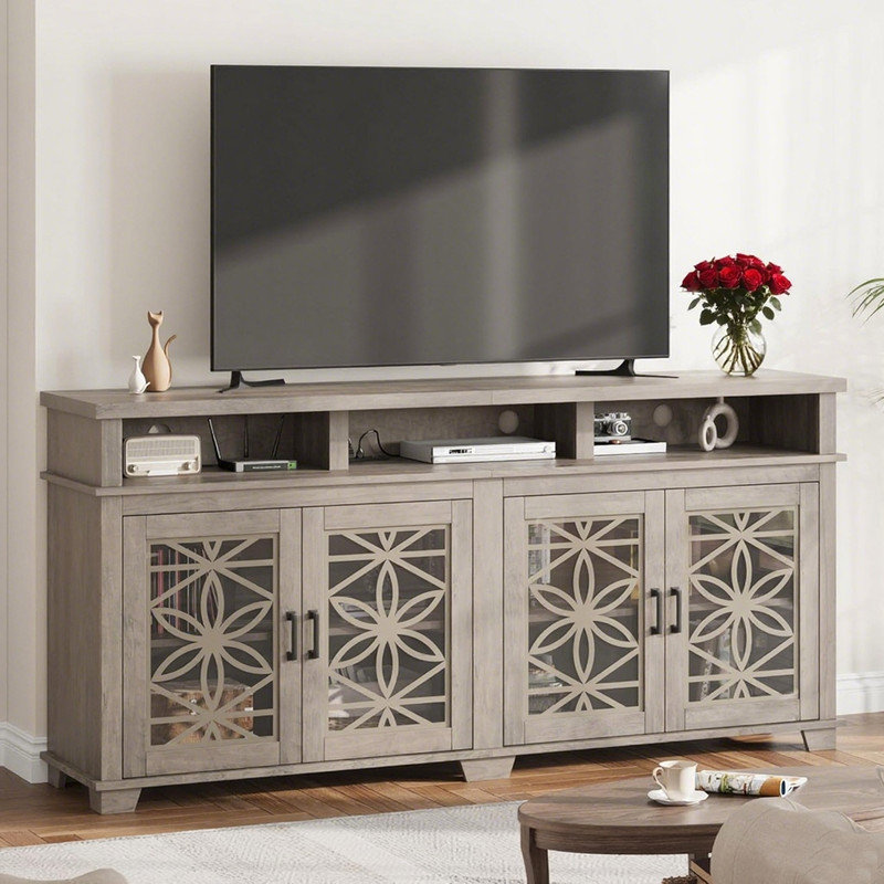 Farmhouse TV Stand for 80 inch, Mid Century Modern Entertainment Center with LED Lights and Storage, Wooden Media Console Cabinet Furniture with Glass Door for Living Room Bedroom