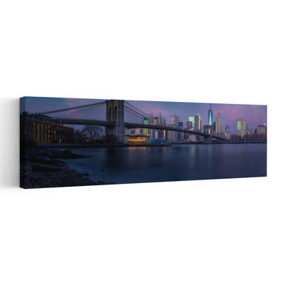 Brooklyn Bridge At Dusk 1 Piece Wrapped Canvas Panoramic Wall Art