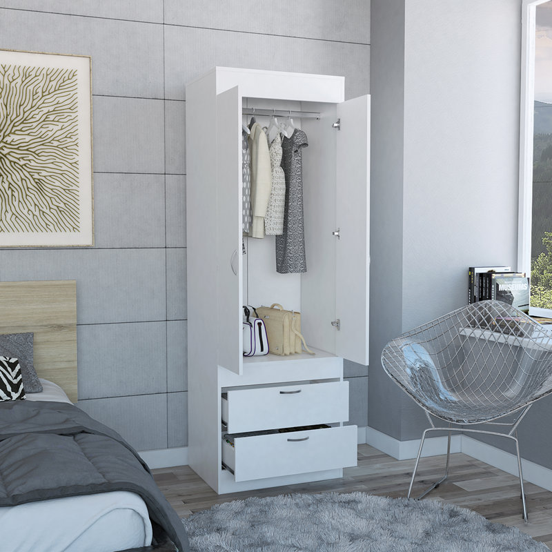 Lisboa Armoire with Double Doors, 2 Drawers, and Hanging Rod, White