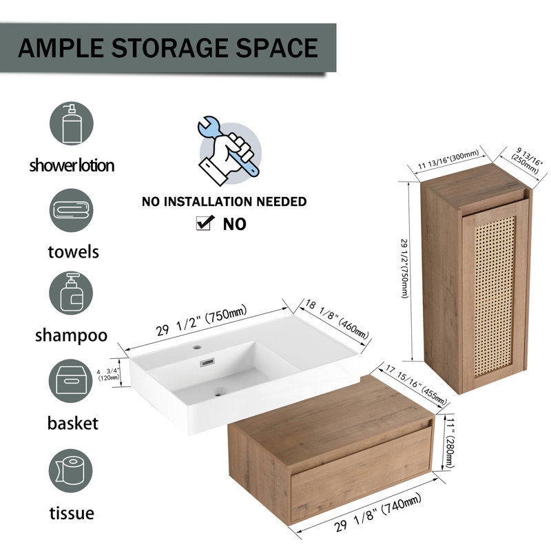 Meuble-lavabo mural 30 po avec lavabo en résine et armoire d'appoint
