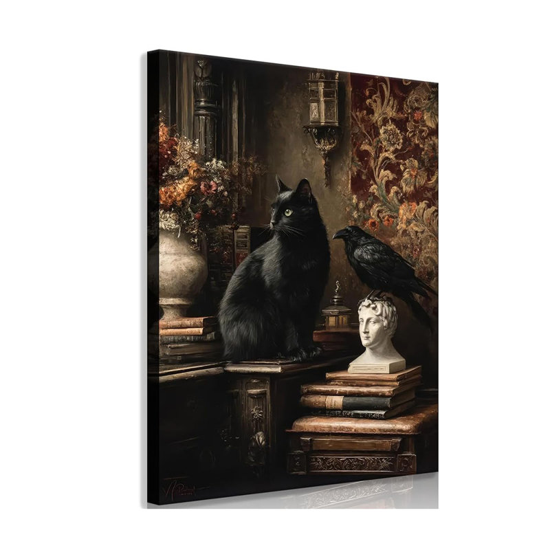 Retro Black Cat and Crow Wall Art Moody Style Victorian Dark Academy Painting Picture Wall Decor Gothic Books and Statues Poster Print Artwork for Gallery Living Room Library Bookstore 12x16 In Framed