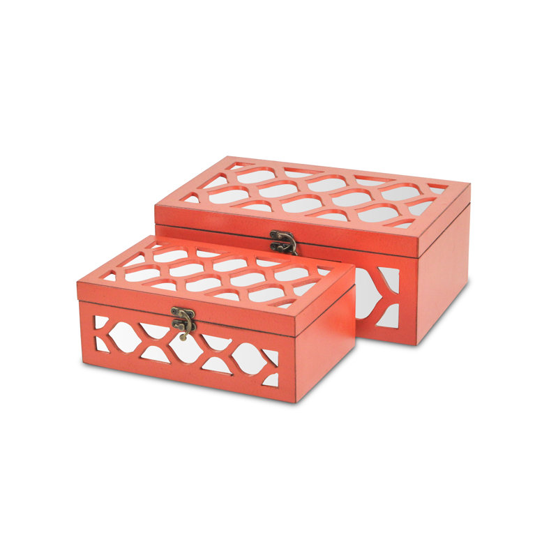 Eziah Fir Wood Mirrored Decorative Boxes (Set of 2), Burnt Dark Orange