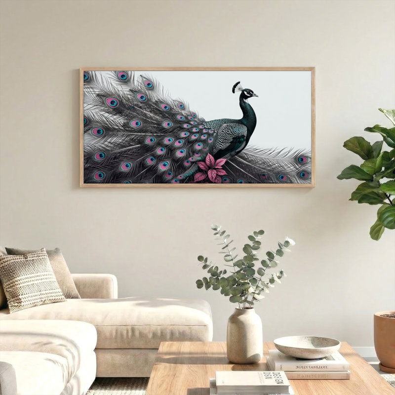 Ensemble de 1 tableau sur toile à motif de plumes de paon, L 40 po x H 20 po, Naturel